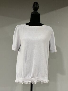 Ann Taylor Light Blue Crewneck Short-Sleeve Sweater with Fringe